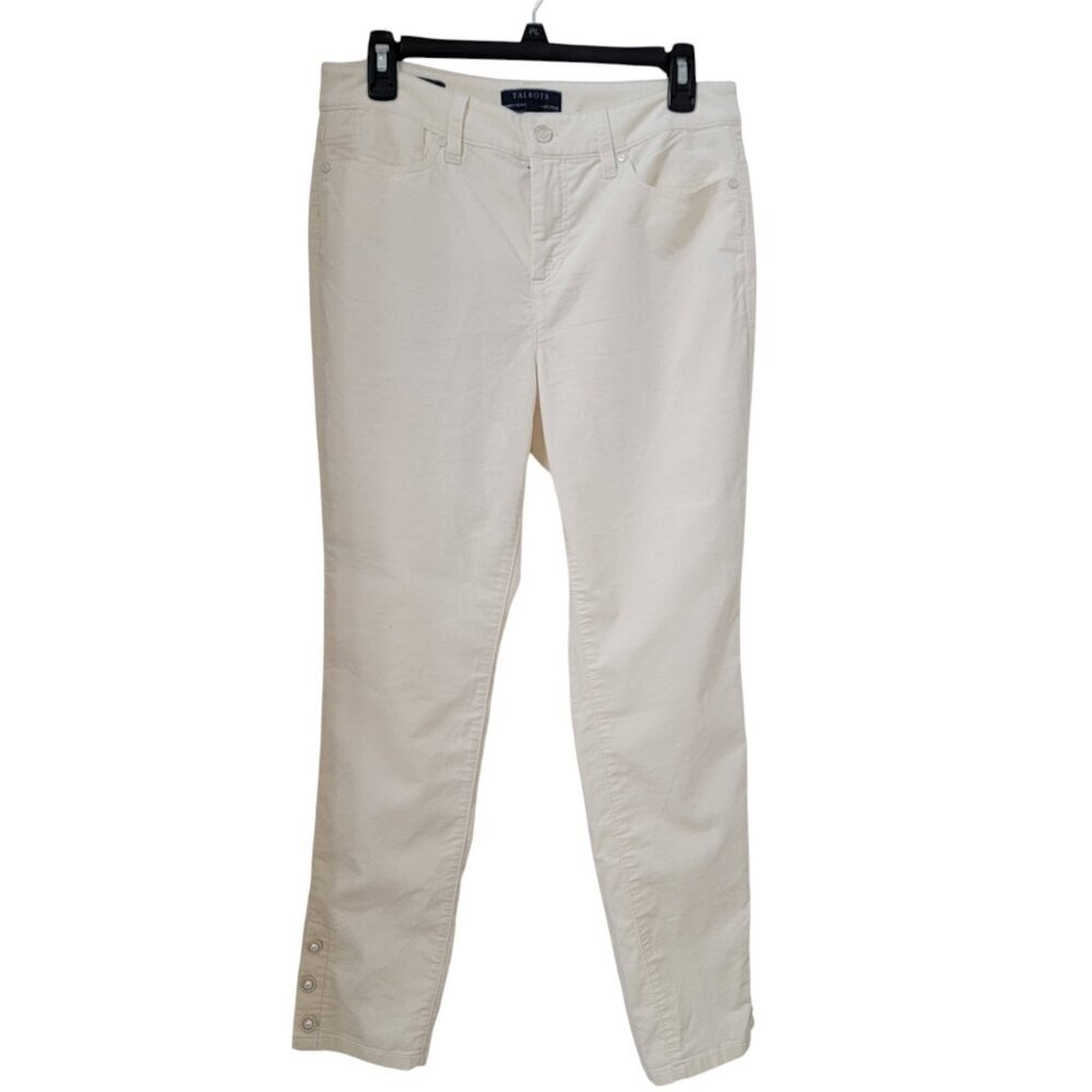 Talbots Size 8P Cream Velveteen Ankle Pants with Pearl Button Detail